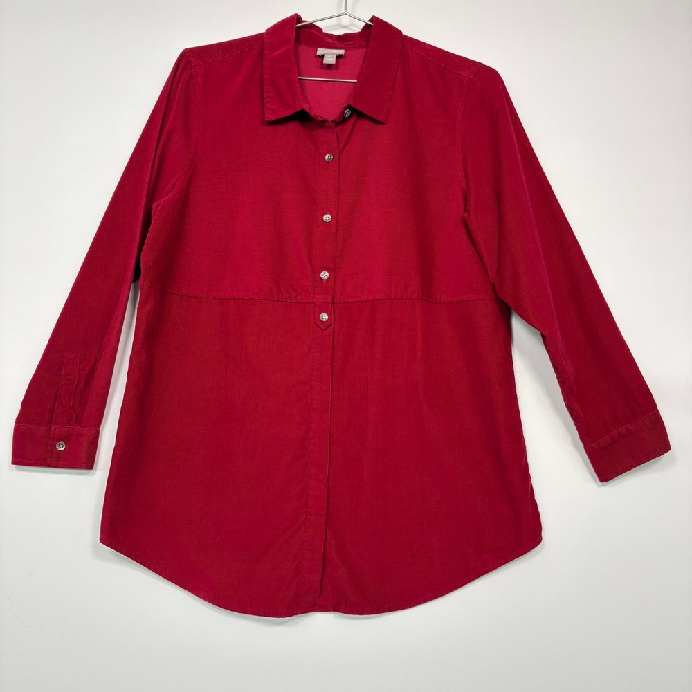 J. Jill Women Shirt L Petite Red Corduroy Long Sleeve Button Up 13-2039P Holiday